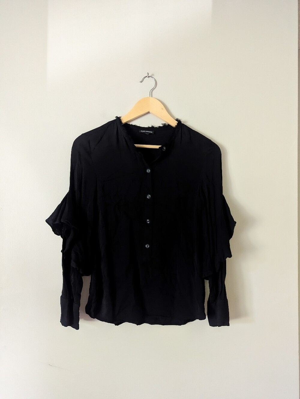 Club Monaco Black Distressed Ruffle Button Up